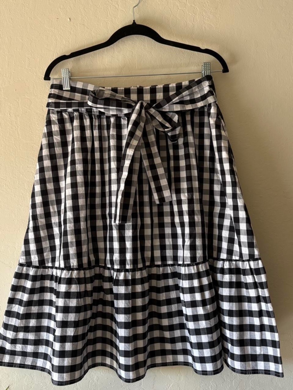 J Crew Black and White Gingham Tie-Waist Midi Skirt